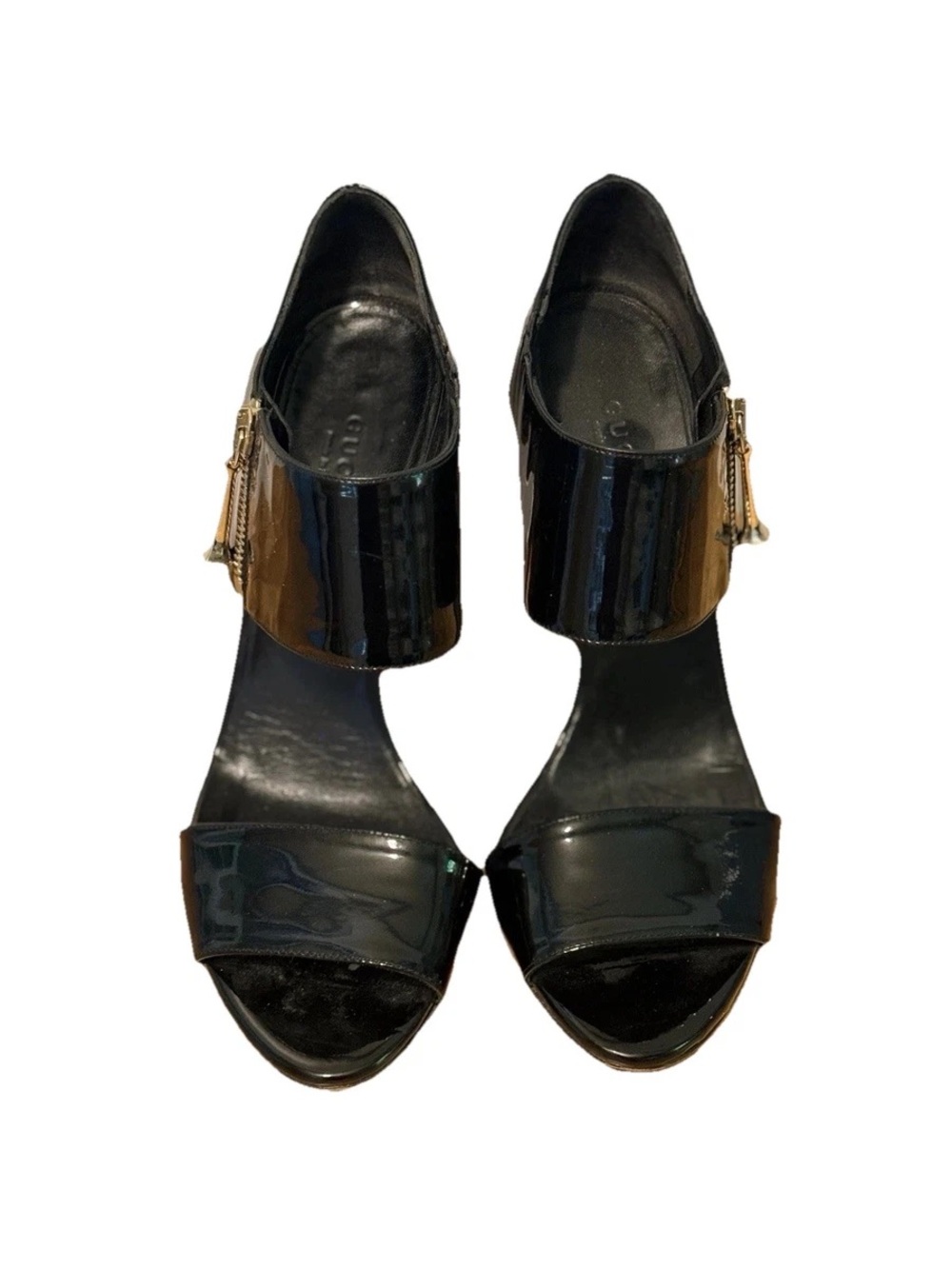 Gucci Black Patent Leather Women's Sandals with Gold Accent